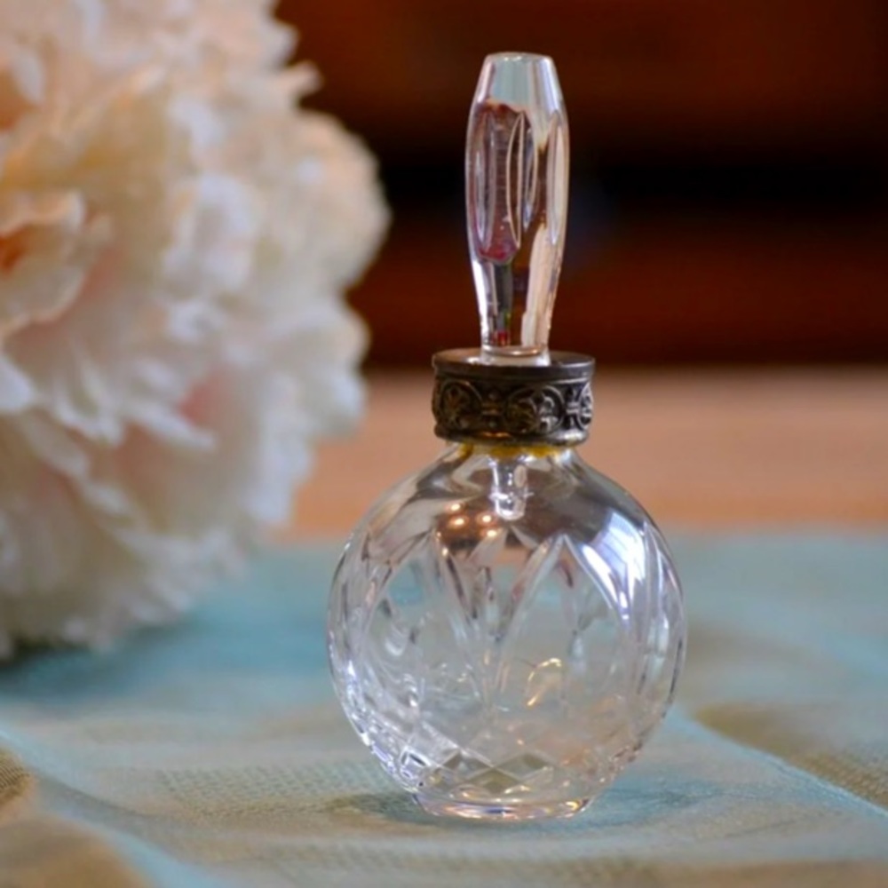 Vintage 90’s cut crystal spherical round perfume bottle with pewter silver band